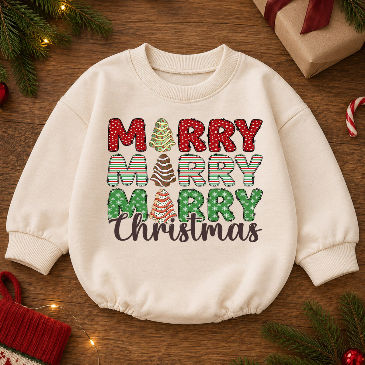 Merry Christmas Baby Romper, Retro Holiday Tree Cake Outfit, Cute Christmas Romper, Toddler Xmas Gift, Festive Baby Outfit — product view 2