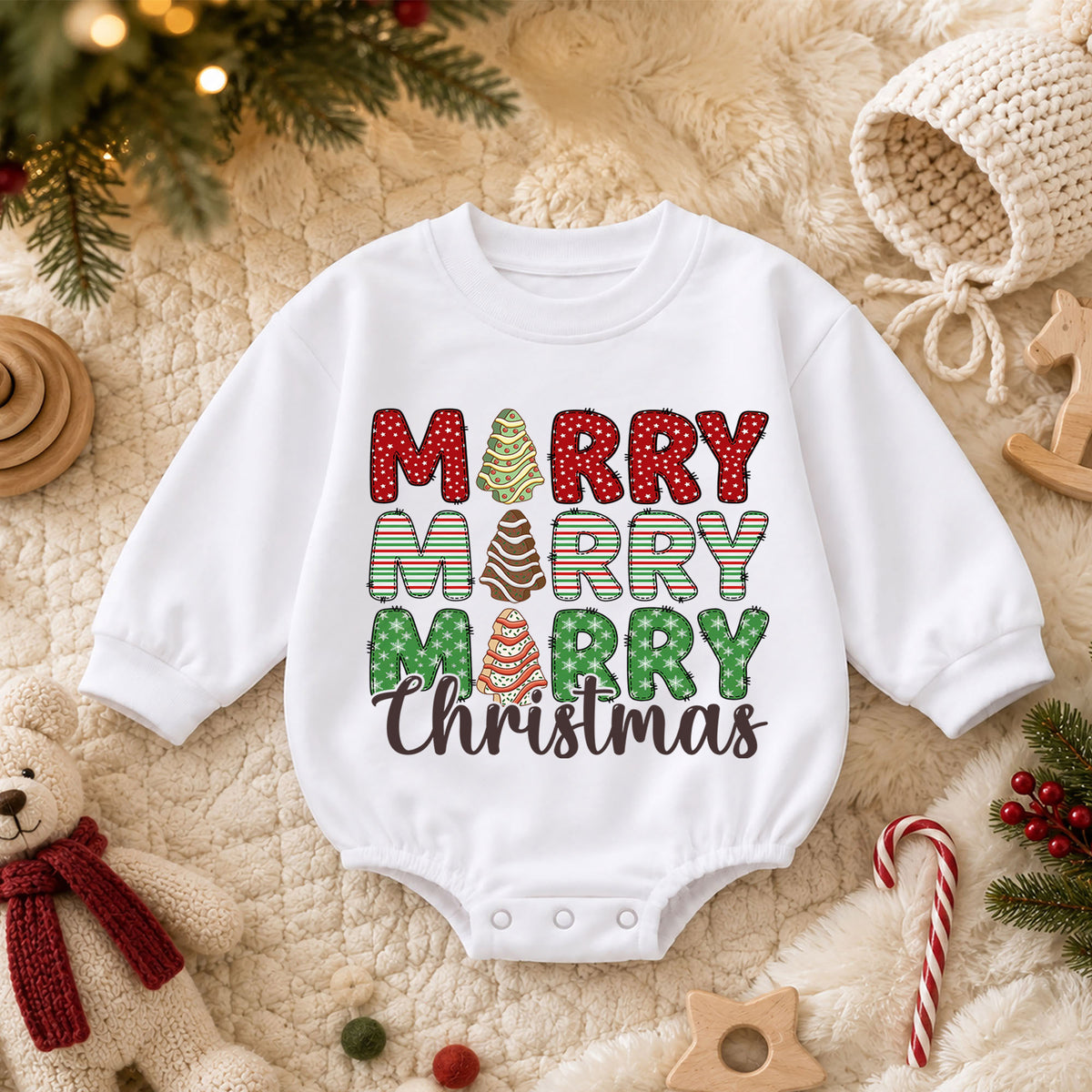 Merry Christmas Baby Romper, Retro Holiday Tree Cake Outfit, Cute Christmas Romper, Toddler Xmas Gift, Festive Baby Outfit — product view 3