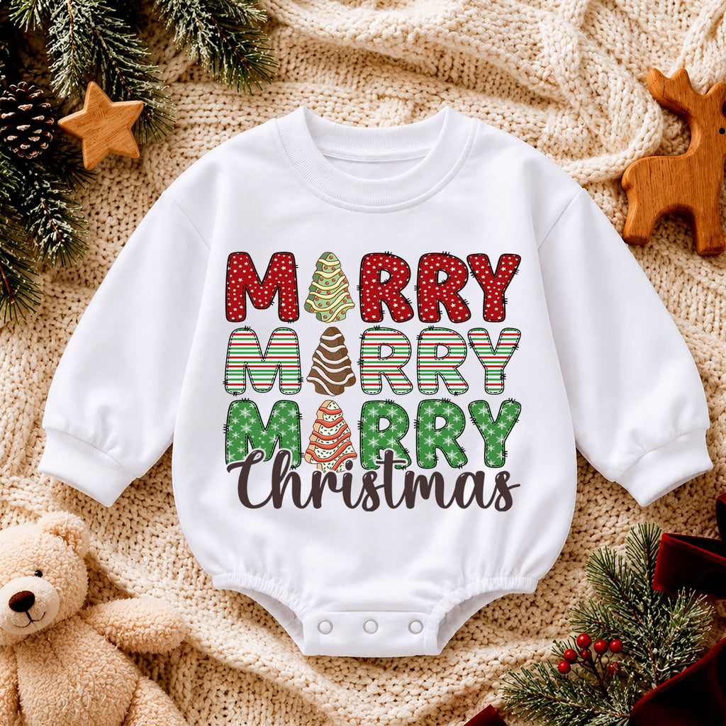 Merry Christmas Baby Romper, Retro Holiday Tree Cake Outfit, Cute Christmas Romper, Toddler Xmas Gift, Festive Baby Outfit — product view 4