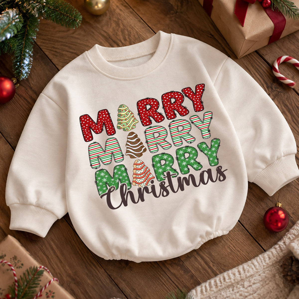 Merry Christmas Baby Romper, Retro Holiday Tree Cake Outfit, Cute Christmas Romper, Toddler Xmas Gift, Festive Baby Outfit — product view 5