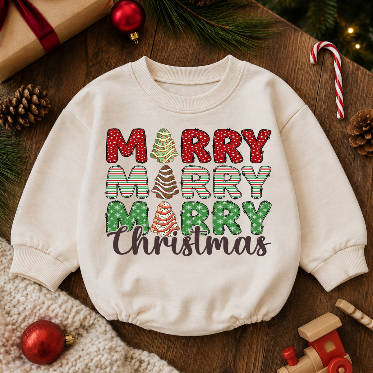 Merry Christmas Baby Romper, Retro Holiday Tree Cake Outfit, Cute Christmas Romper, Toddler Xmas Gift, Festive Baby Outfit — product view 6