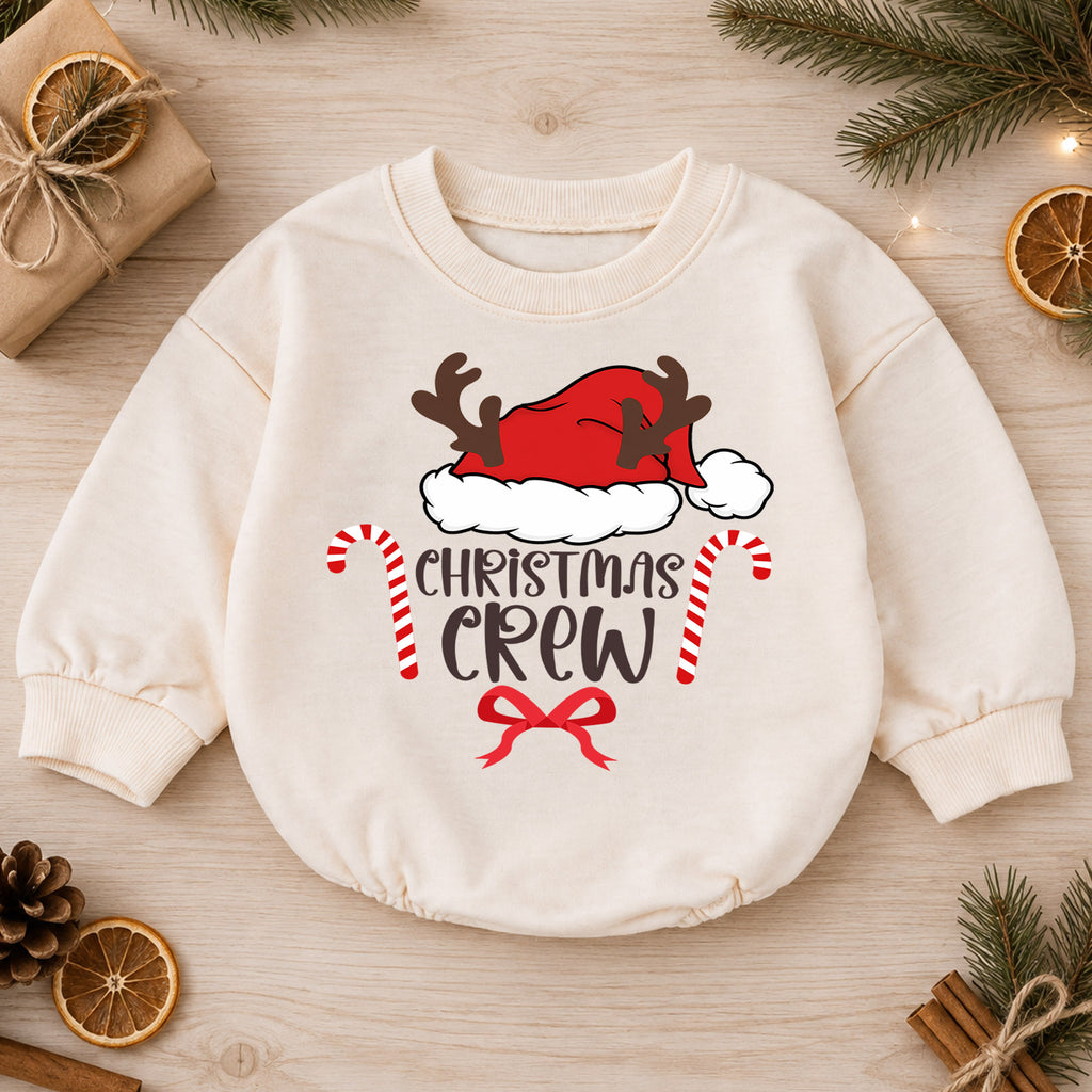 Christmas Crew Baby Romper, Santa Hat Reindeer 1st Birthday Holiday Outfit, Candy Cane Toddler Xmas Romper, Family Christmas Gift — product view 1