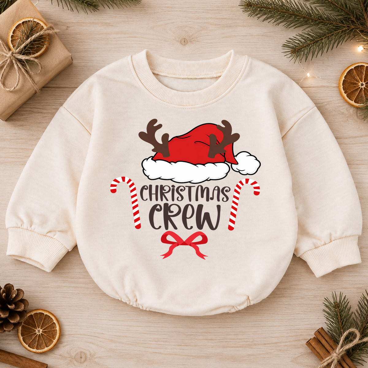 Christmas Crew Baby Romper, Santa Hat Reindeer 1st Birthday Holiday Outfit, Candy Cane Toddler Xmas Romper, Family Christmas Gift — product view 1