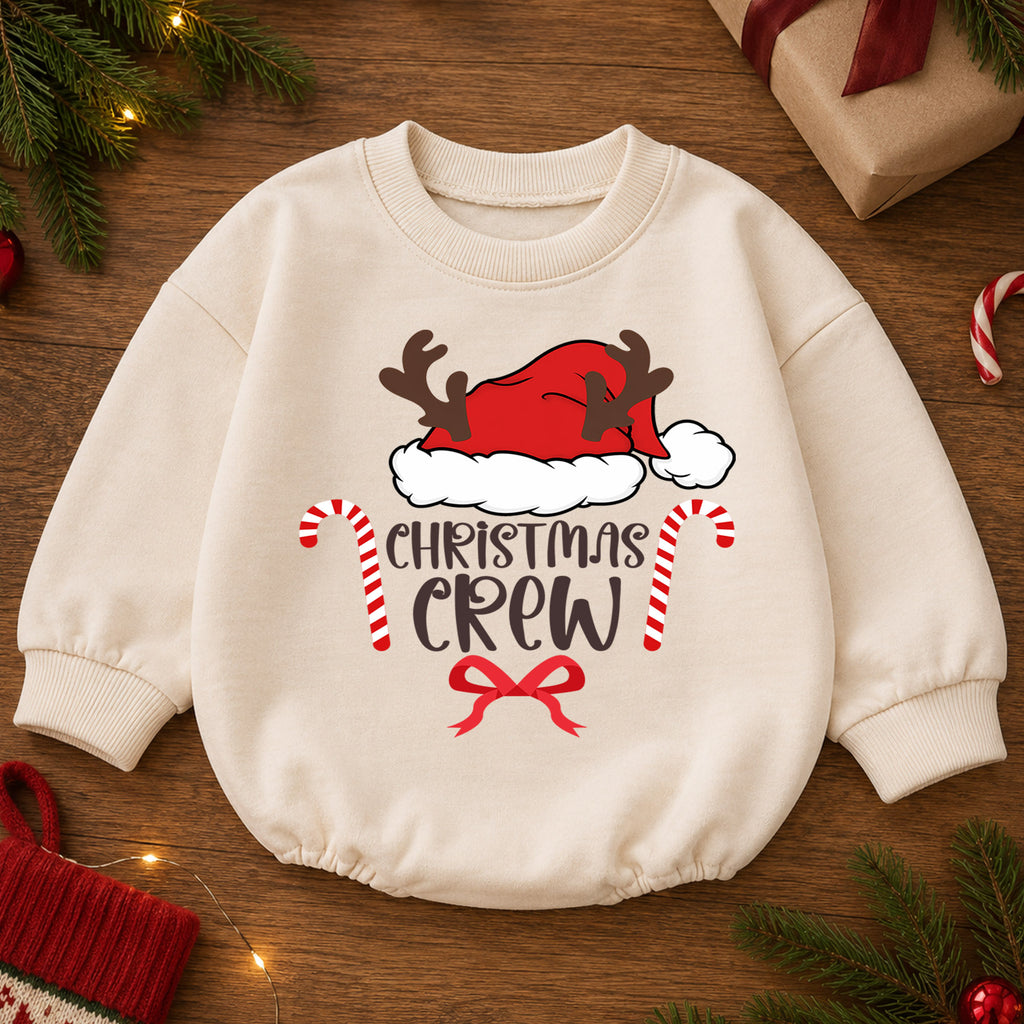 Christmas Crew Baby Romper, Santa Hat Reindeer 1st Birthday Holiday Outfit, Candy Cane Toddler Xmas Romper, Family Christmas Gift — product view 2