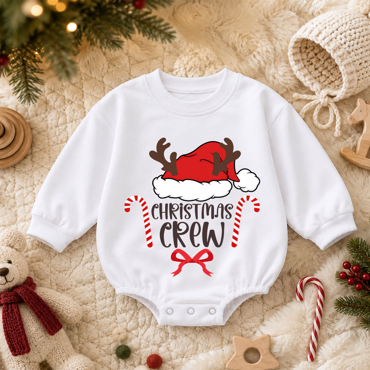 Christmas Crew Baby Romper, Santa Hat Reindeer 1st Birthday Holiday Outfit, Candy Cane Toddler Xmas Romper, Family Christmas Gift — product view 3