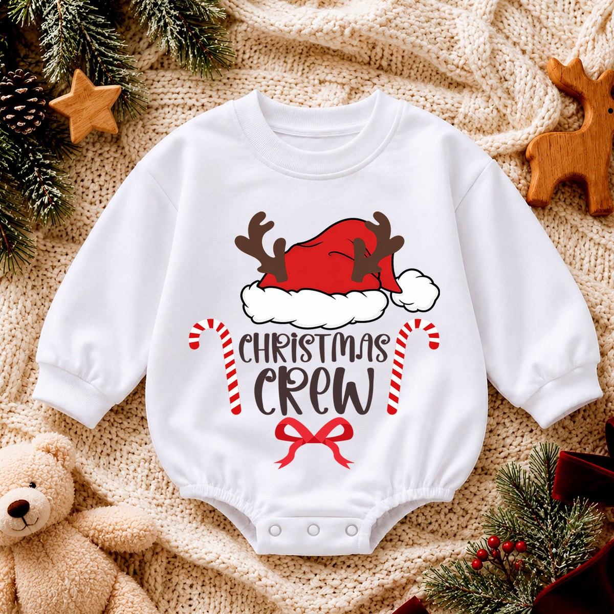 Christmas Crew Baby Romper, Santa Hat Reindeer 1st Birthday Holiday Outfit, Candy Cane Toddler Xmas Romper, Family Christmas Gift — product view 4