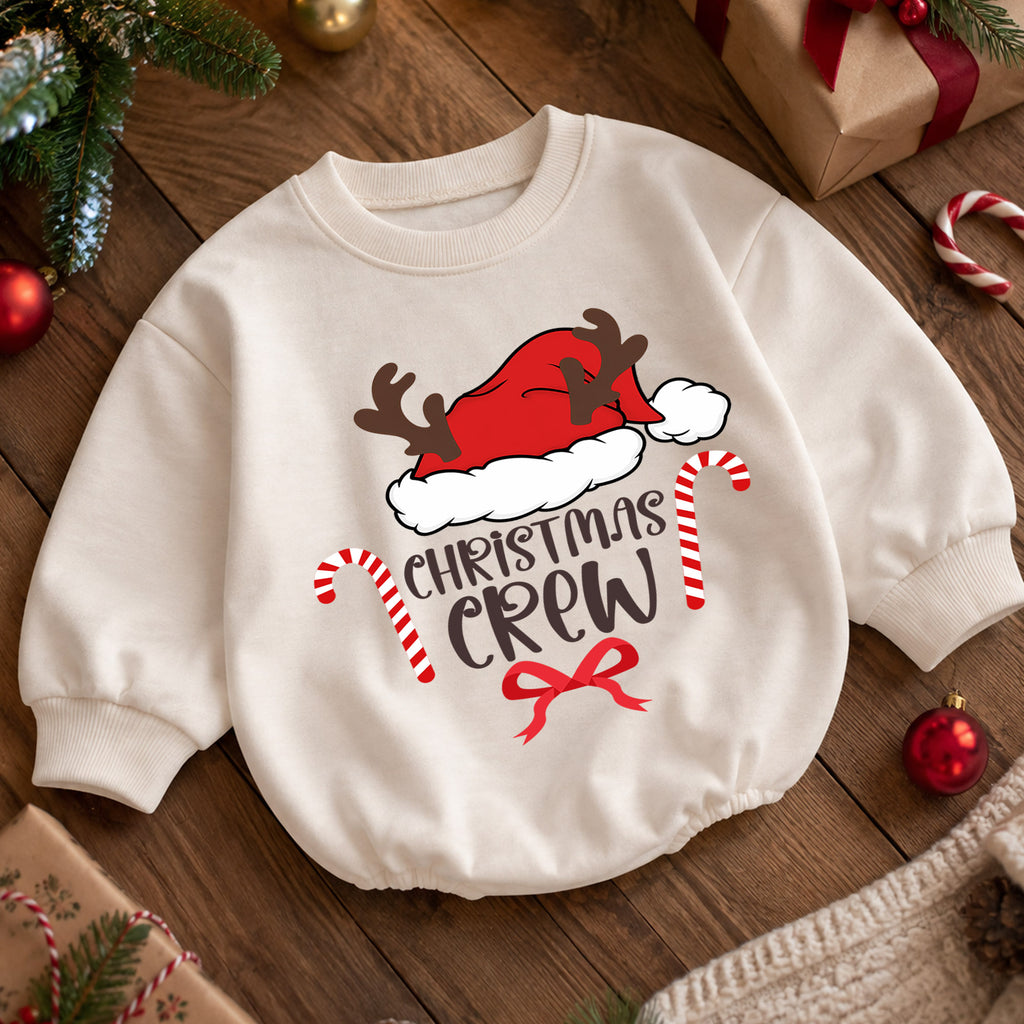 Christmas Crew Baby Romper, Santa Hat Reindeer 1st Birthday Holiday Outfit, Candy Cane Toddler Xmas Romper, Family Christmas Gift — product view 5