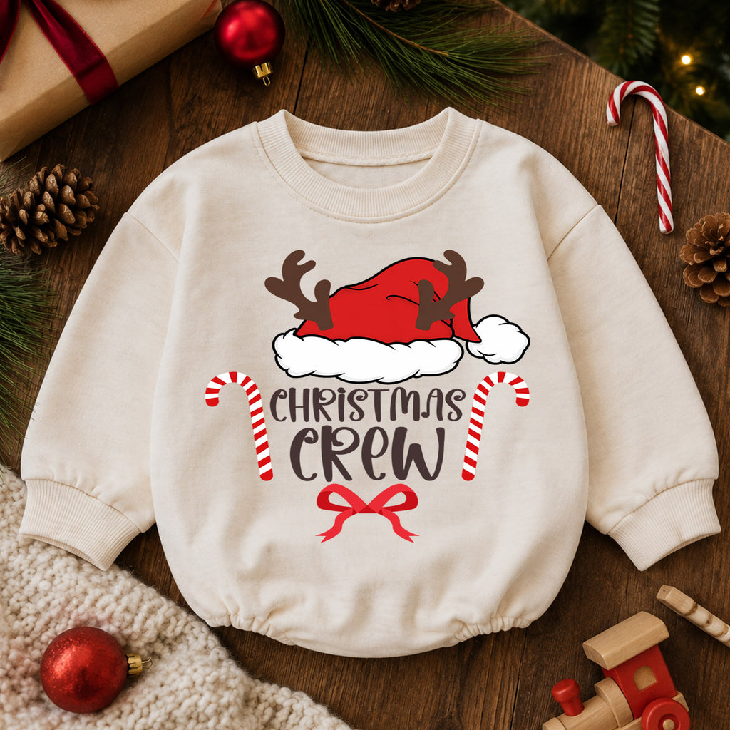 Christmas Crew Baby Romper, Santa Hat Reindeer 1st Birthday Holiday Outfit, Candy Cane Toddler Xmas Romper, Family Christmas Gift — product view 6