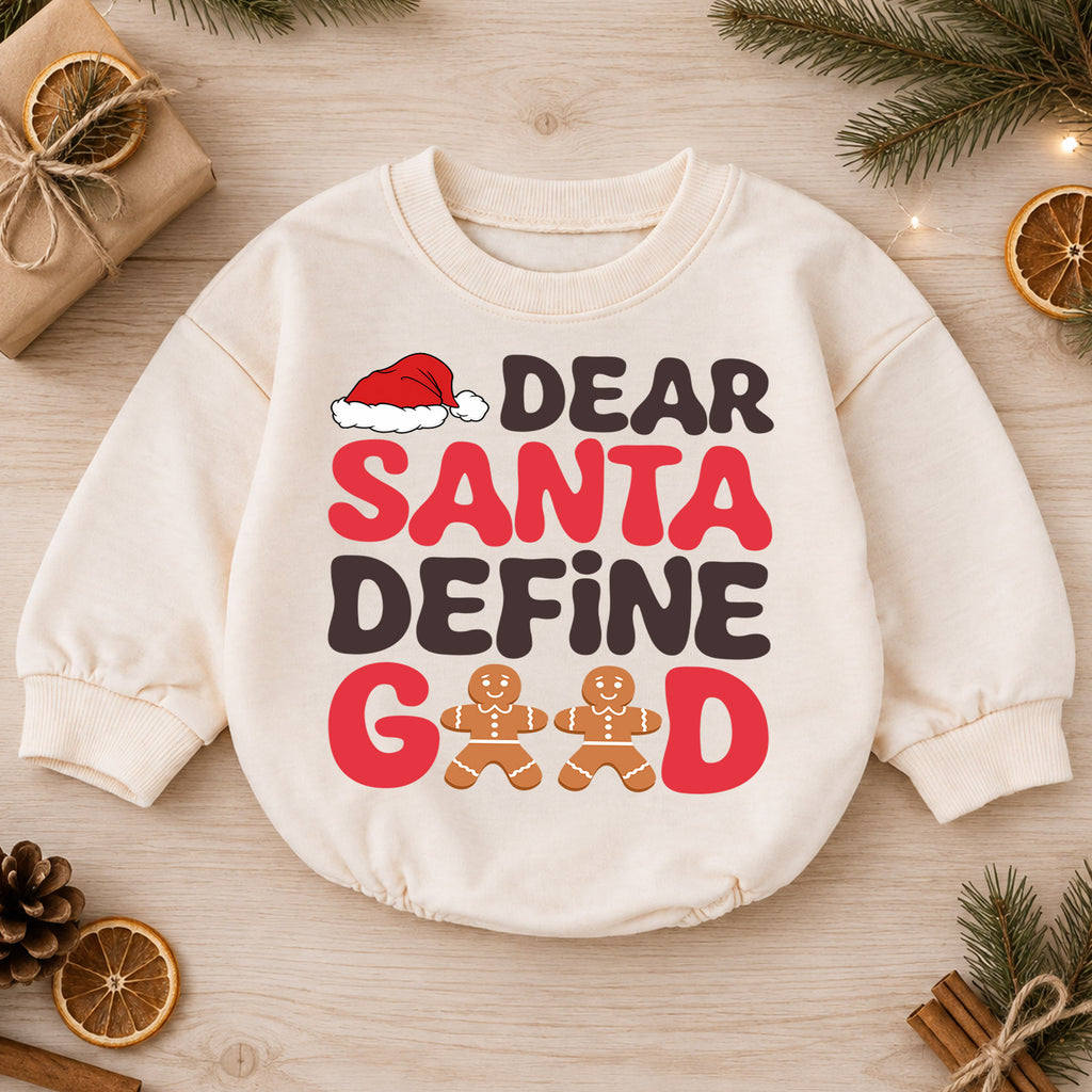 Dear Santa Define Good Baby Romper, Funny Gingerbread 1st Birthday Christmas Outfit, Toddler Xmas Romper, Cute Holiday Gift for Baby — product view 1
