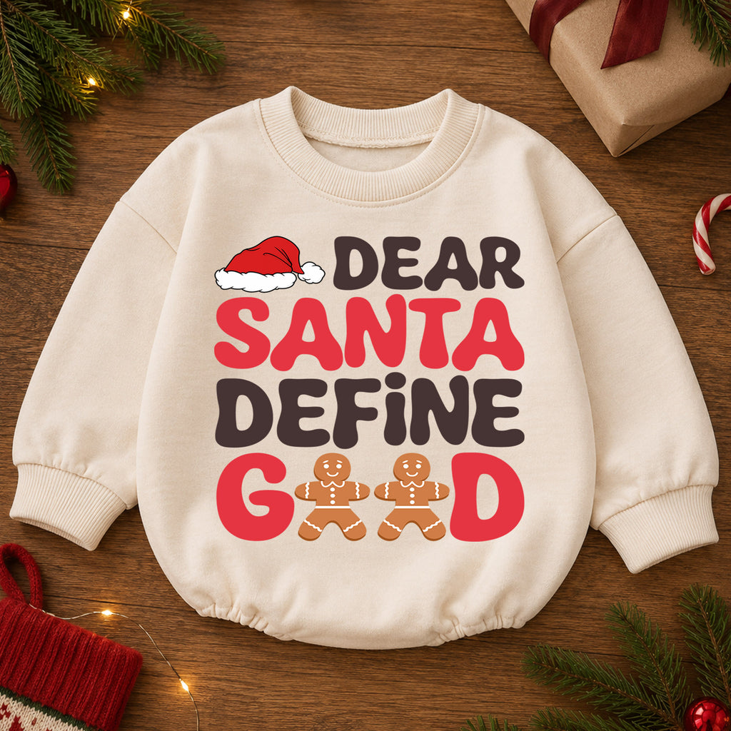 Dear Santa Define Good Baby Romper, Funny Gingerbread 1st Birthday Christmas Outfit, Toddler Xmas Romper, Cute Holiday Gift for Baby — product view 2