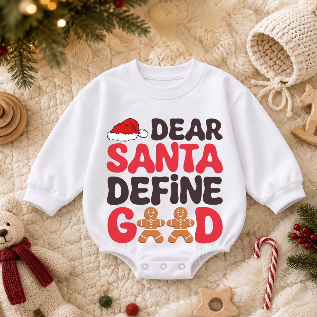 Dear Santa Define Good Baby Romper, Funny Gingerbread 1st Birthday Christmas Outfit, Toddler Xmas Romper, Cute Holiday Gift for Baby — product view 3