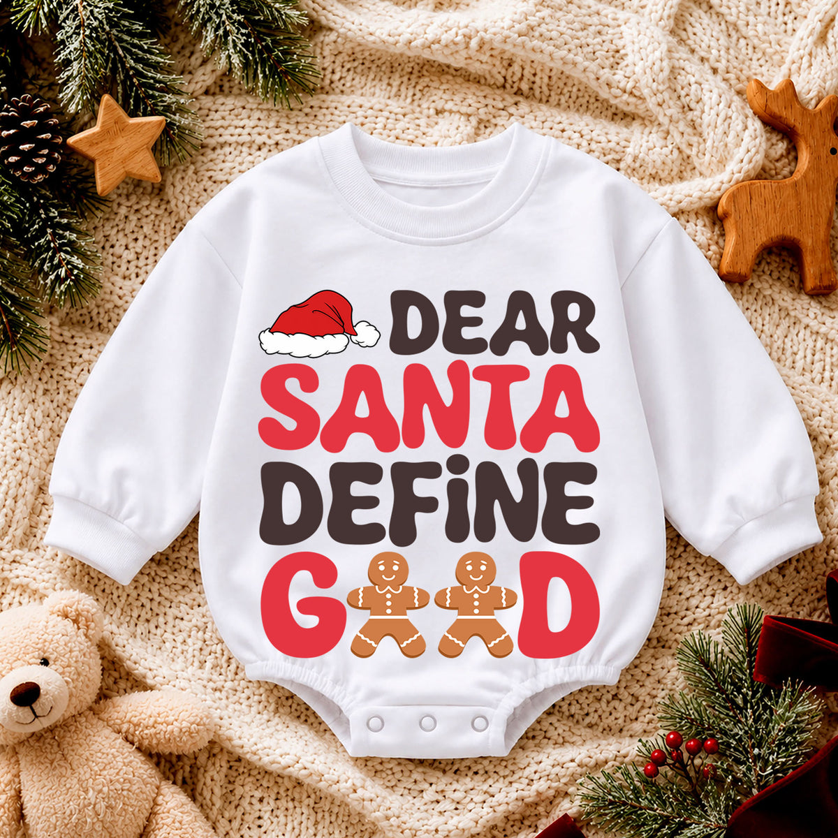 Dear Santa Define Good Baby Romper, Funny Gingerbread 1st Birthday Christmas Outfit, Toddler Xmas Romper, Cute Holiday Gift for Baby — product view 4