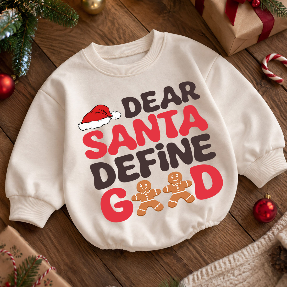 Dear Santa Define Good Baby Romper, Funny Gingerbread 1st Birthday Christmas Outfit, Toddler Xmas Romper, Cute Holiday Gift for Baby — product view 5