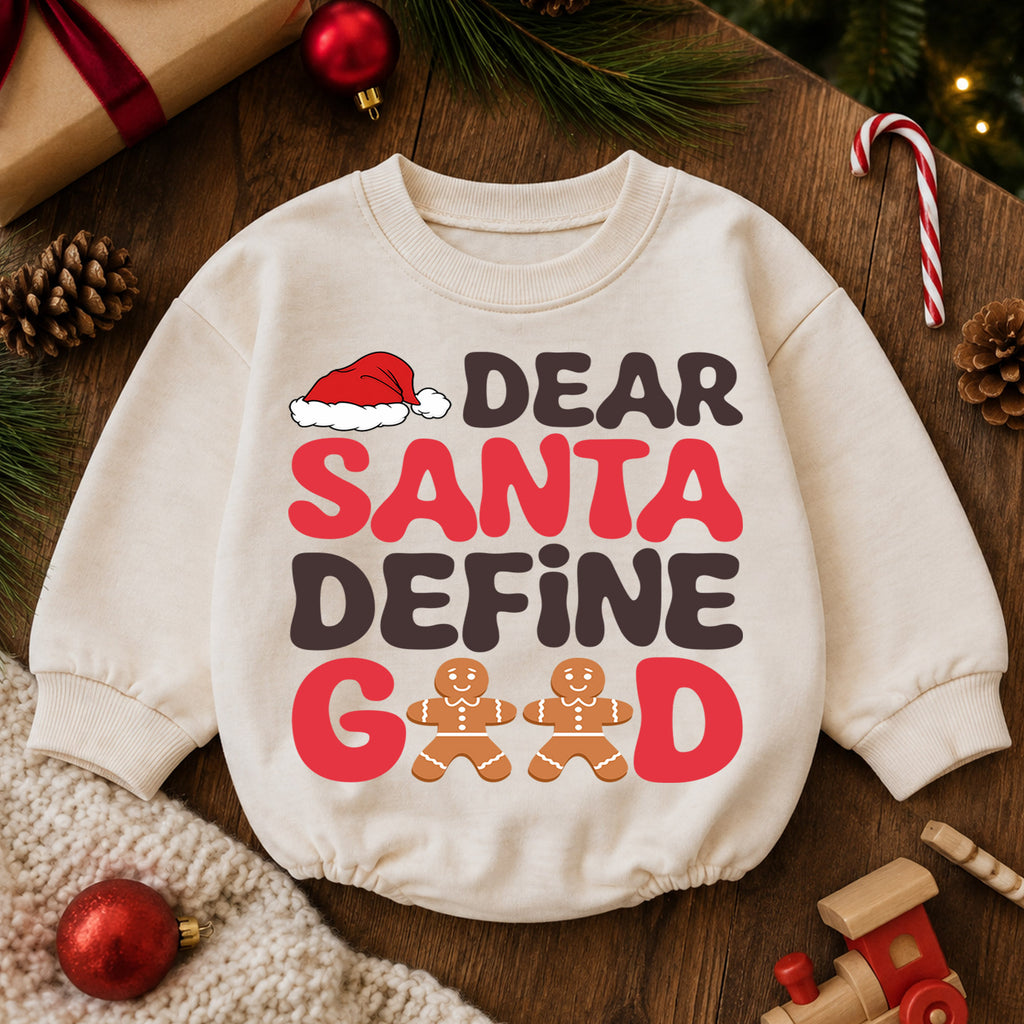 Dear Santa Define Good Baby Romper, Funny Gingerbread 1st Birthday Christmas Outfit, Toddler Xmas Romper, Cute Holiday Gift for Baby — product view 6
