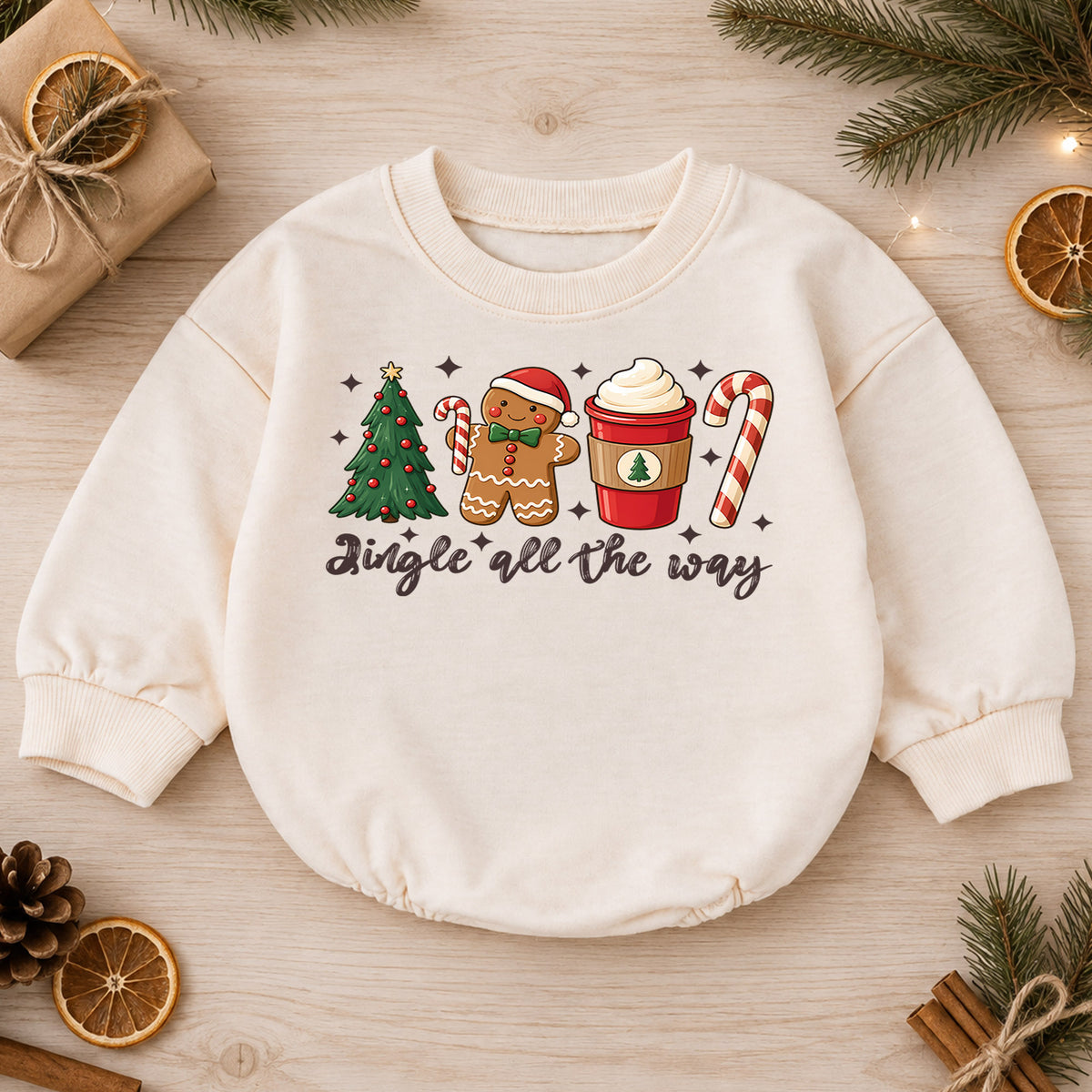 Jingle All the Way Baby Romper, Gingerbread Coffee 1st Birthday Christmas Outfit, Candy Cane Toddler Xmas Romper, Cute Holiday Gift — product view 1