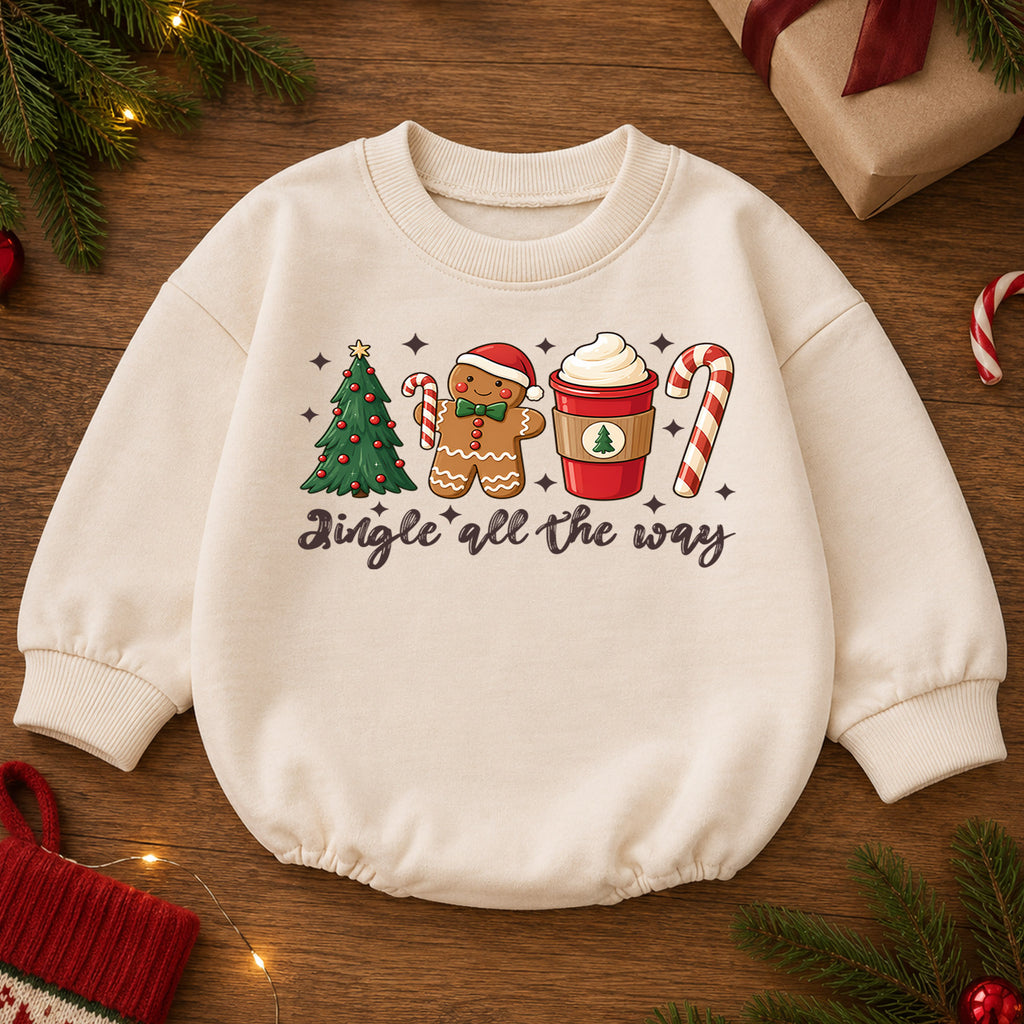 Jingle All the Way Baby Romper, Gingerbread Coffee 1st Birthday Christmas Outfit, Candy Cane Toddler Xmas Romper, Cute Holiday Gift — product view 2