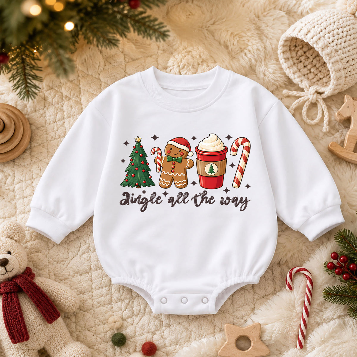 Jingle All the Way Baby Romper, Gingerbread Coffee 1st Birthday Christmas Outfit, Candy Cane Toddler Xmas Romper, Cute Holiday Gift — product view 3