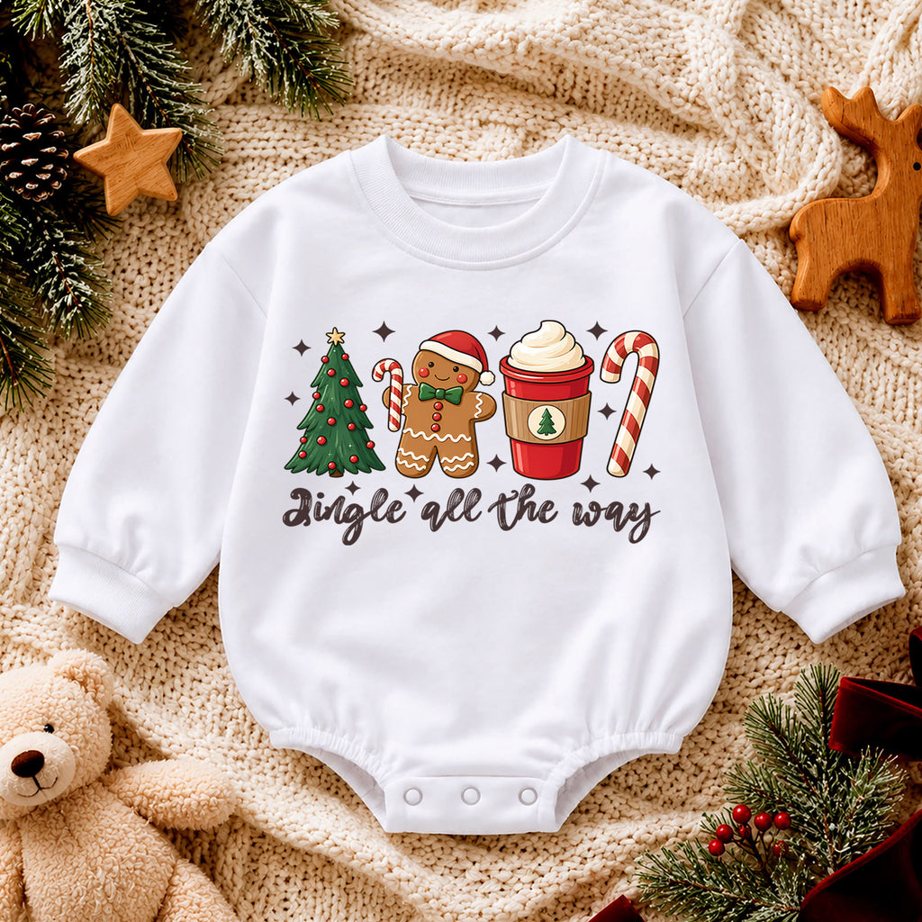Jingle All the Way Baby Romper, Gingerbread Coffee 1st Birthday Christmas Outfit, Candy Cane Toddler Xmas Romper, Cute Holiday Gift — product view 4