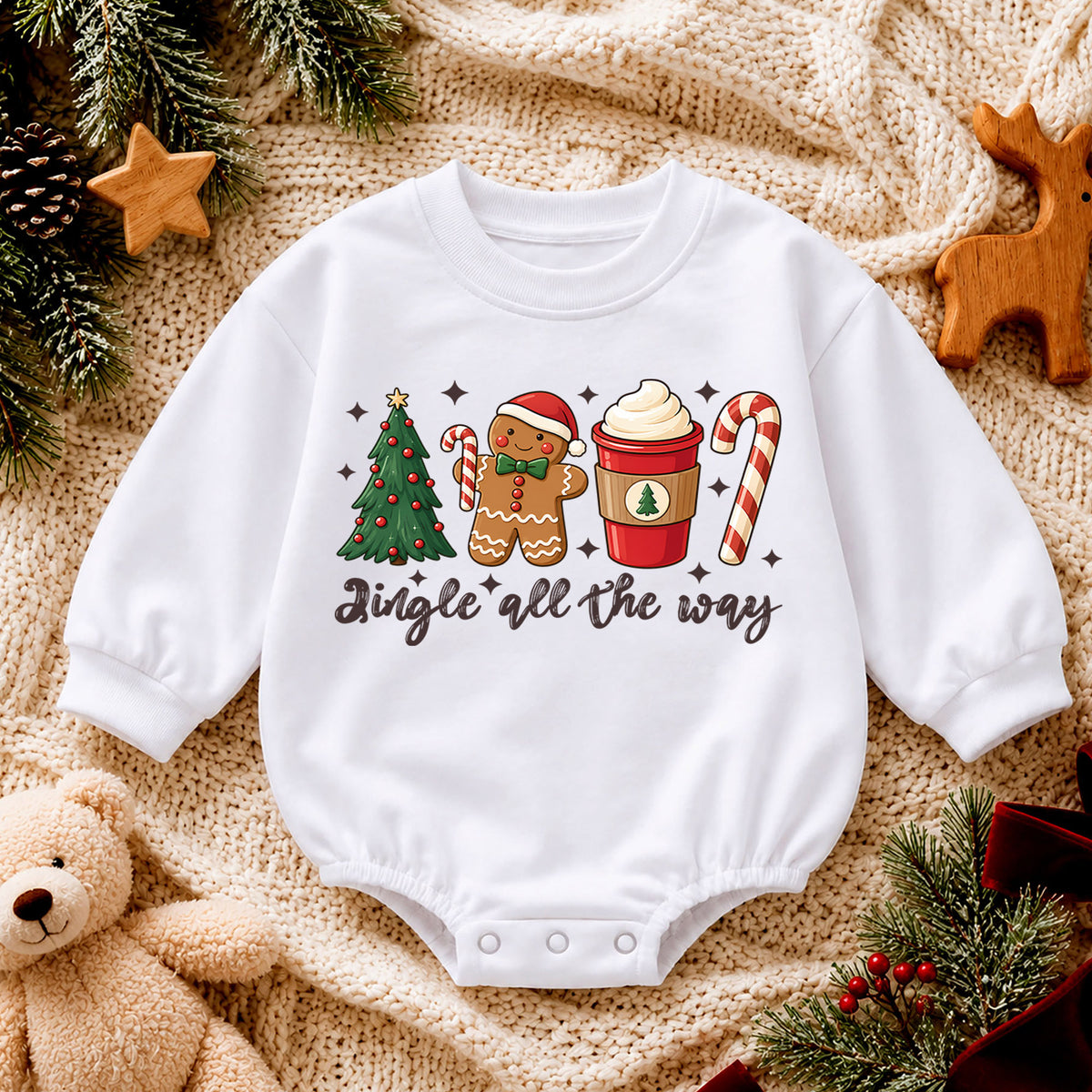 Jingle All the Way Baby Romper, Gingerbread Coffee 1st Birthday Christmas Outfit, Candy Cane Toddler Xmas Romper, Cute Holiday Gift — product view 4