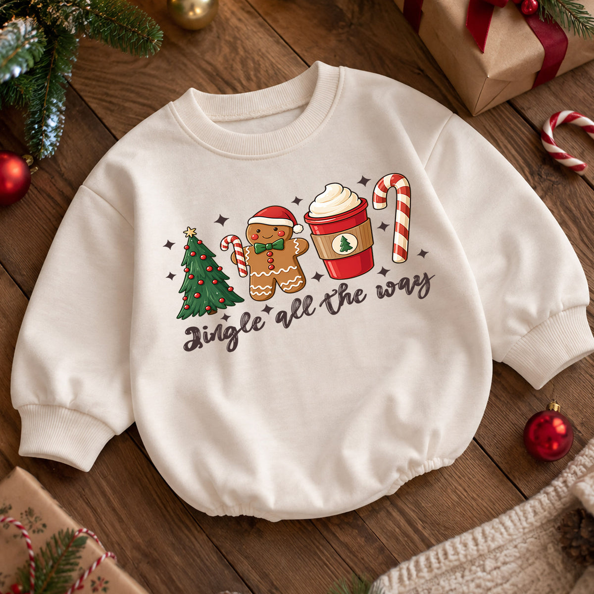 Jingle All the Way Baby Romper, Gingerbread Coffee 1st Birthday Christmas Outfit, Candy Cane Toddler Xmas Romper, Cute Holiday Gift — product view 5