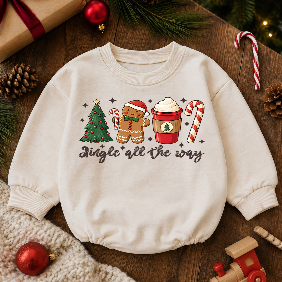 Jingle All the Way Baby Romper, Gingerbread Coffee 1st Birthday Christmas Outfit, Candy Cane Toddler Xmas Romper, Cute Holiday Gift — product view 6
