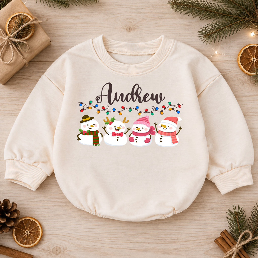 Custom Name Christmas Baby Romper, Personalized Snowman Family Holiday Outfit, Cute 1st Christmas Gift for Baby Boys and Girls — product view 1