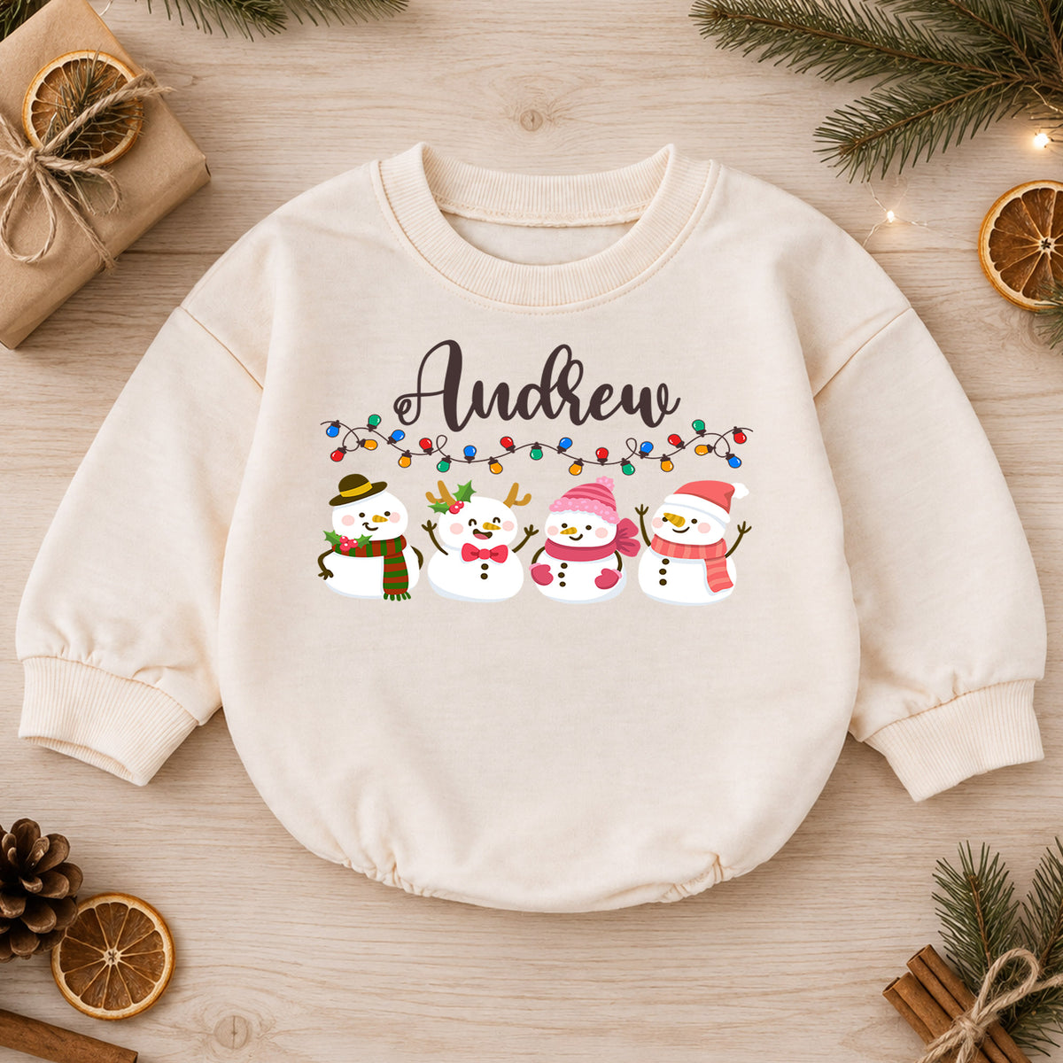 Custom Name Christmas Baby Romper, Personalized Snowman Family Holiday Outfit, Cute 1st Christmas Gift for Baby Boys and Girls — product view 1