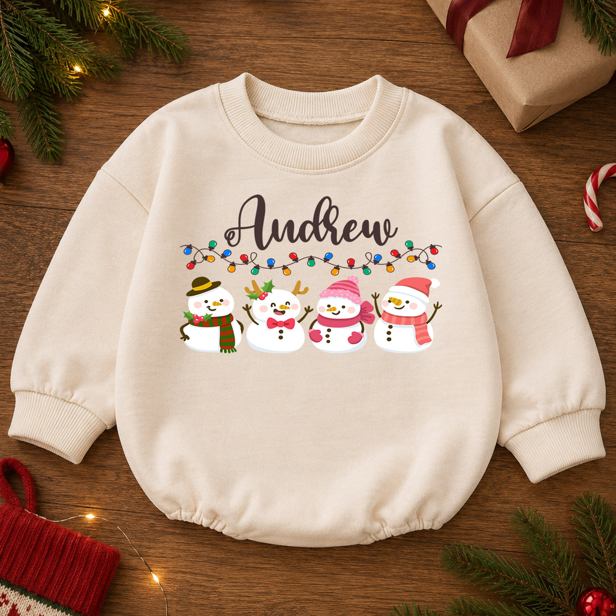Custom Name Christmas Baby Romper, Personalized Snowman Family Holiday Outfit, Cute 1st Christmas Gift for Baby Boys and Girls — product view 2