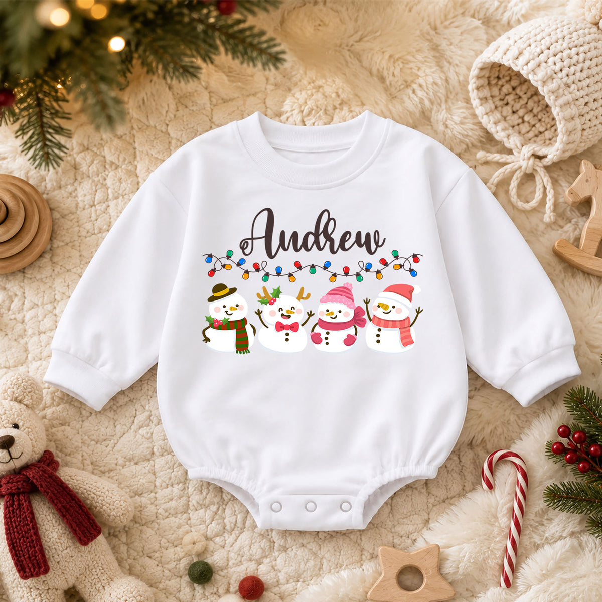 Custom Name Christmas Baby Romper, Personalized Snowman Family Holiday Outfit, Cute 1st Christmas Gift for Baby Boys and Girls — product view 3