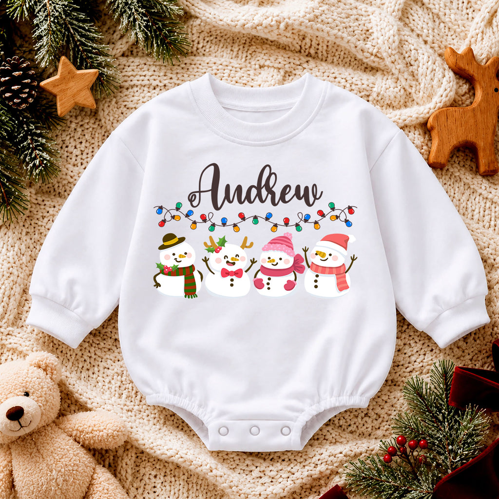 Custom Name Christmas Baby Romper, Personalized Snowman Family Holiday Outfit, Cute 1st Christmas Gift for Baby Boys and Girls — product view 4