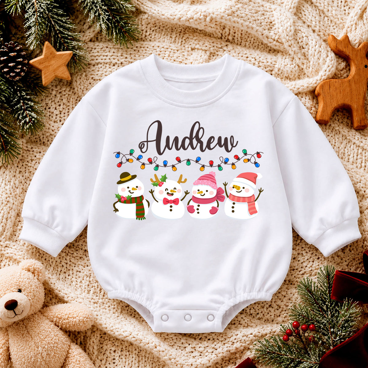 Custom Name Christmas Baby Romper, Personalized Snowman Family Holiday Outfit, Cute 1st Christmas Gift for Baby Boys and Girls — product view 4