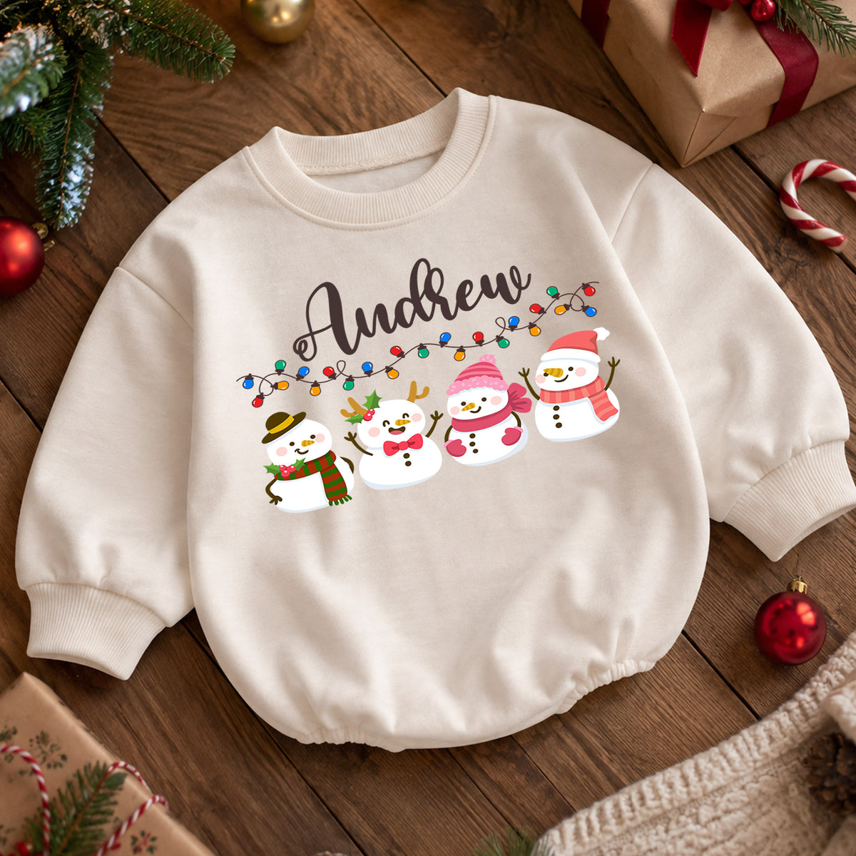 Custom Name Christmas Baby Romper, Personalized Snowman Family Holiday Outfit, Cute 1st Christmas Gift for Baby Boys and Girls — product view 5