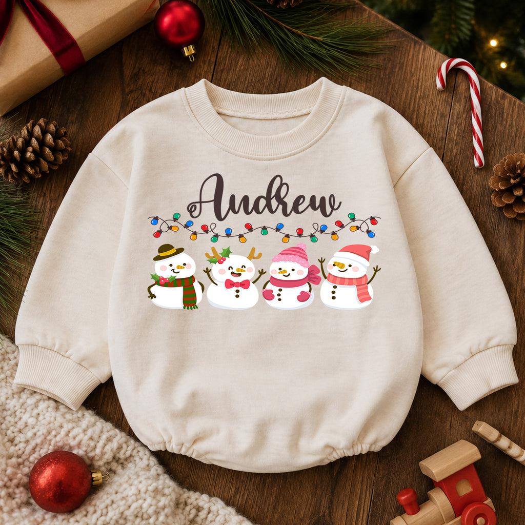 Custom Name Christmas Baby Romper, Personalized Snowman Family Holiday Outfit, Cute 1st Christmas Gift for Baby Boys and Girls — product view 6