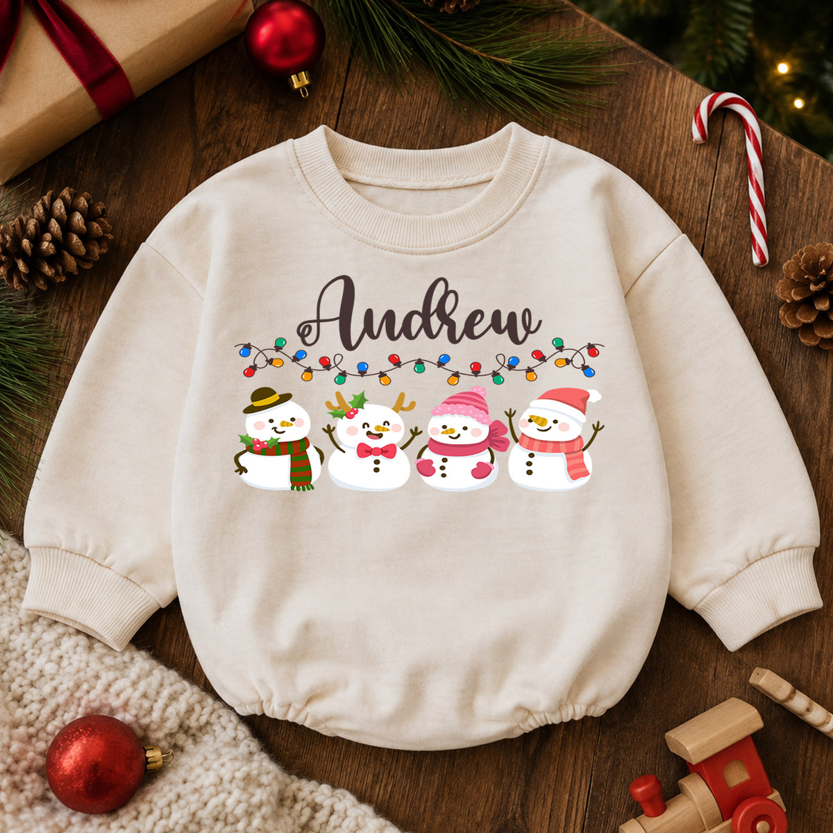 Custom Name Christmas Baby Romper, Personalized Snowman Family Holiday Outfit, Cute 1st Christmas Gift for Baby Boys and Girls — product view 6