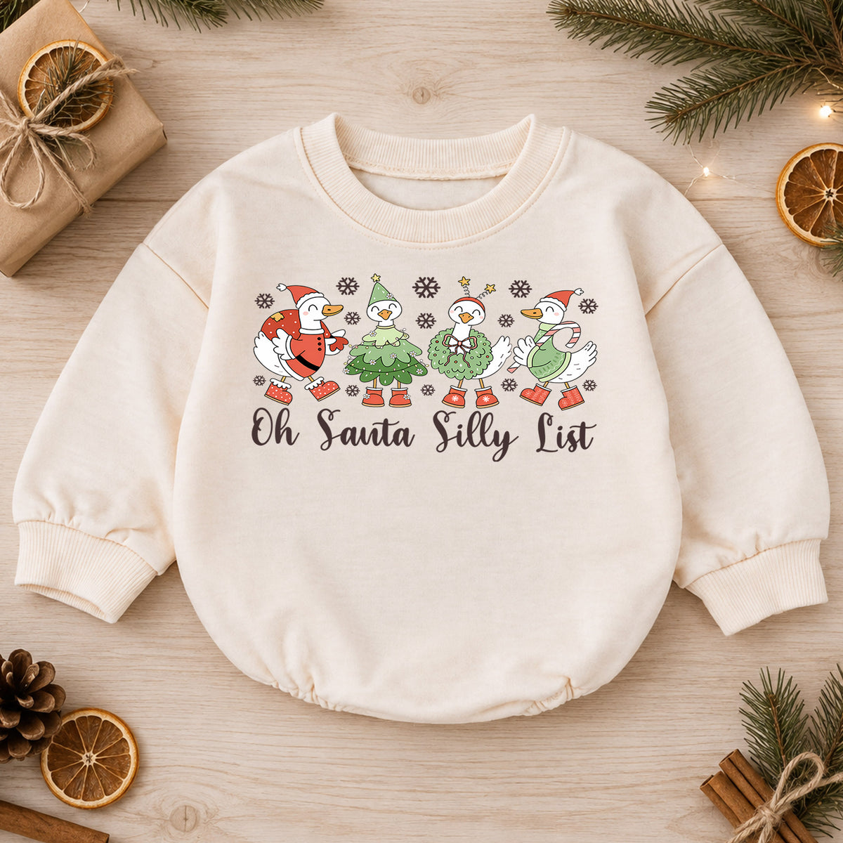 Silly Goose Christmas Baby Romper, Oh Santa Silly List Holiday Romper, Funny Goose Toddler 1st Birthday Xmas Outfit, Christmas Gift — product view 1