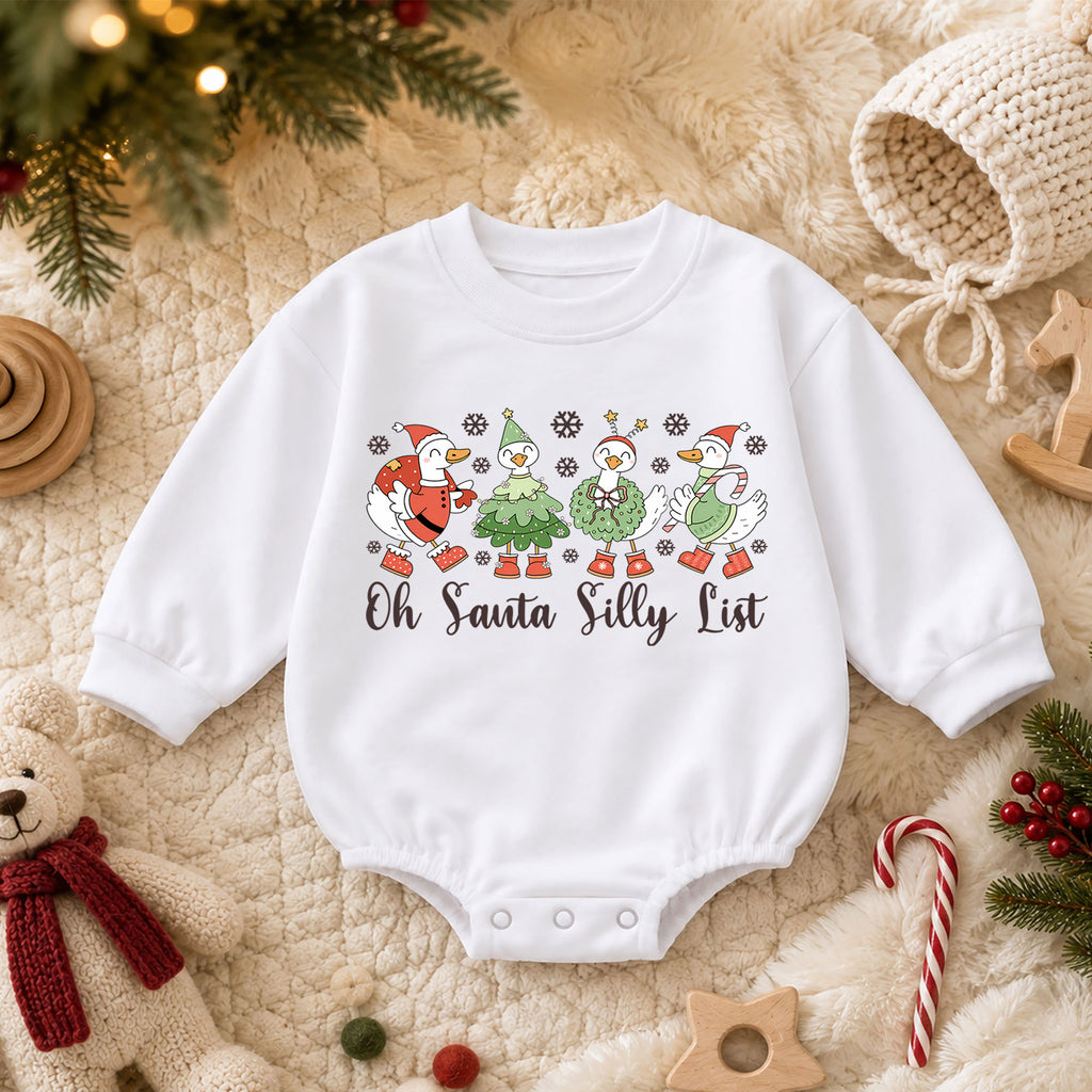 Silly Goose Christmas Baby Romper, Oh Santa Silly List Holiday Romper, Funny Goose Toddler 1st Birthday Xmas Outfit, Christmas Gift — product view 3