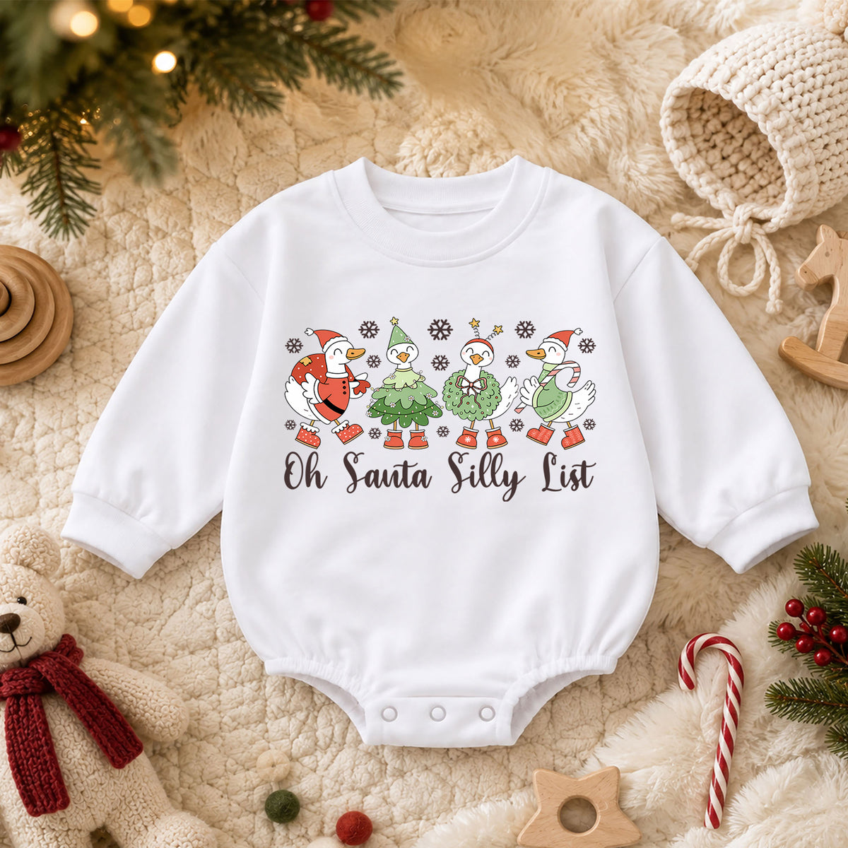 Silly Goose Christmas Baby Romper, Oh Santa Silly List Holiday Romper, Funny Goose Toddler 1st Birthday Xmas Outfit, Christmas Gift — product view 3