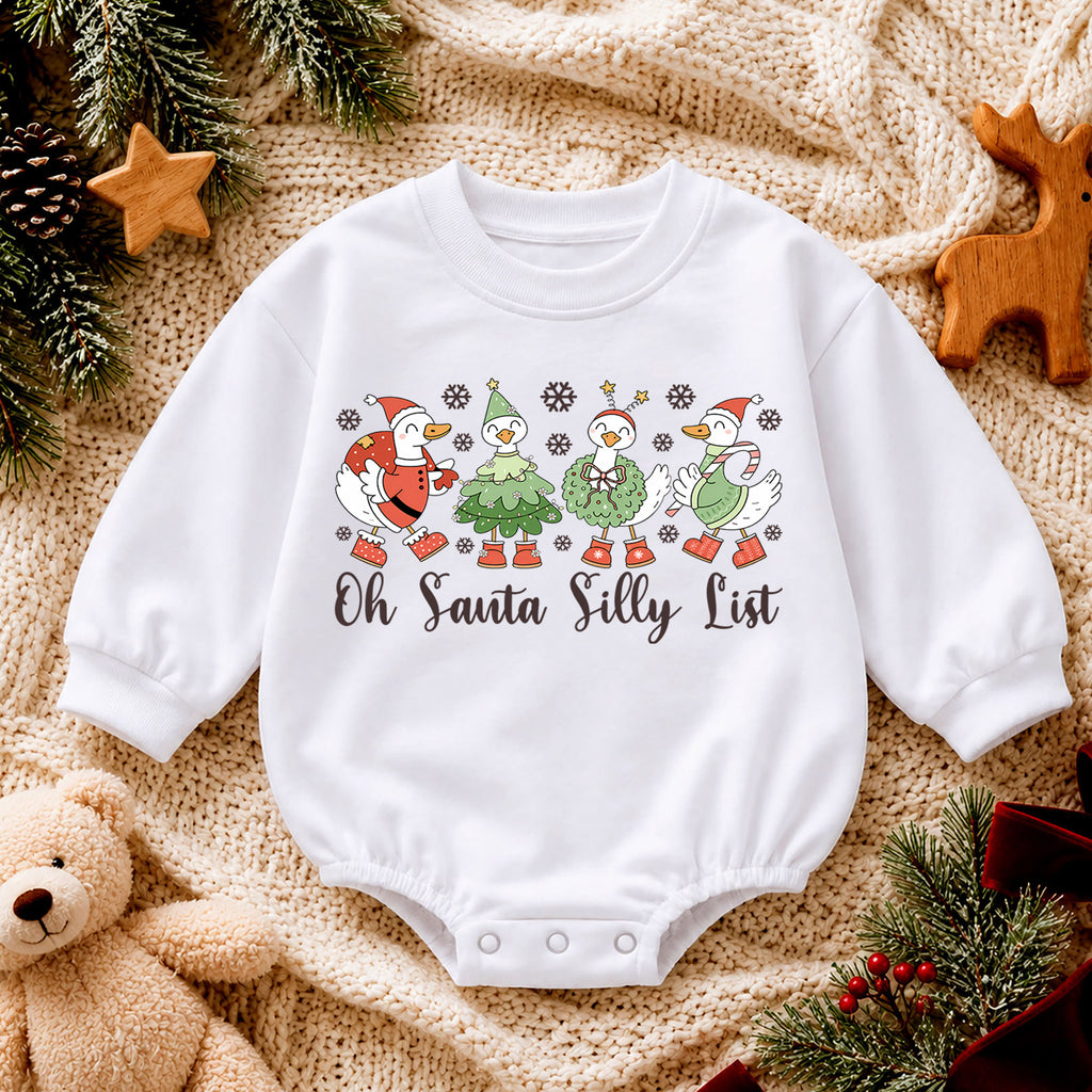 Silly Goose Christmas Baby Romper, Oh Santa Silly List Holiday Romper, Funny Goose Toddler 1st Birthday Xmas Outfit, Christmas Gift — product view 4