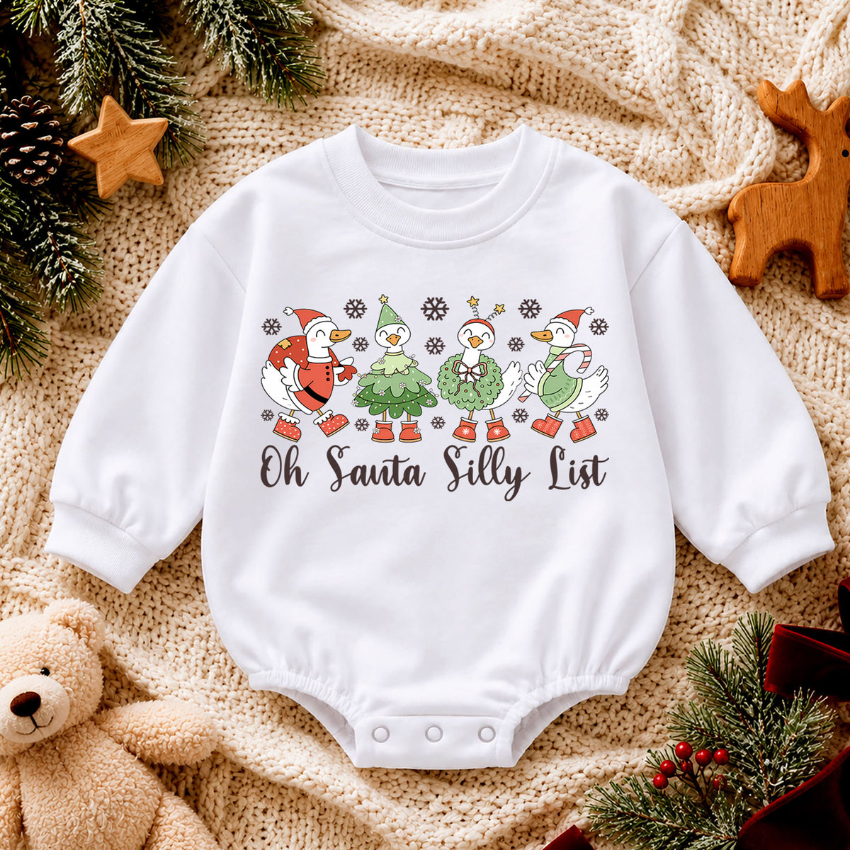 Silly Goose Christmas Baby Romper, Oh Santa Silly List Holiday Romper, Funny Goose Toddler 1st Birthday Xmas Outfit, Christmas Gift — product view 4