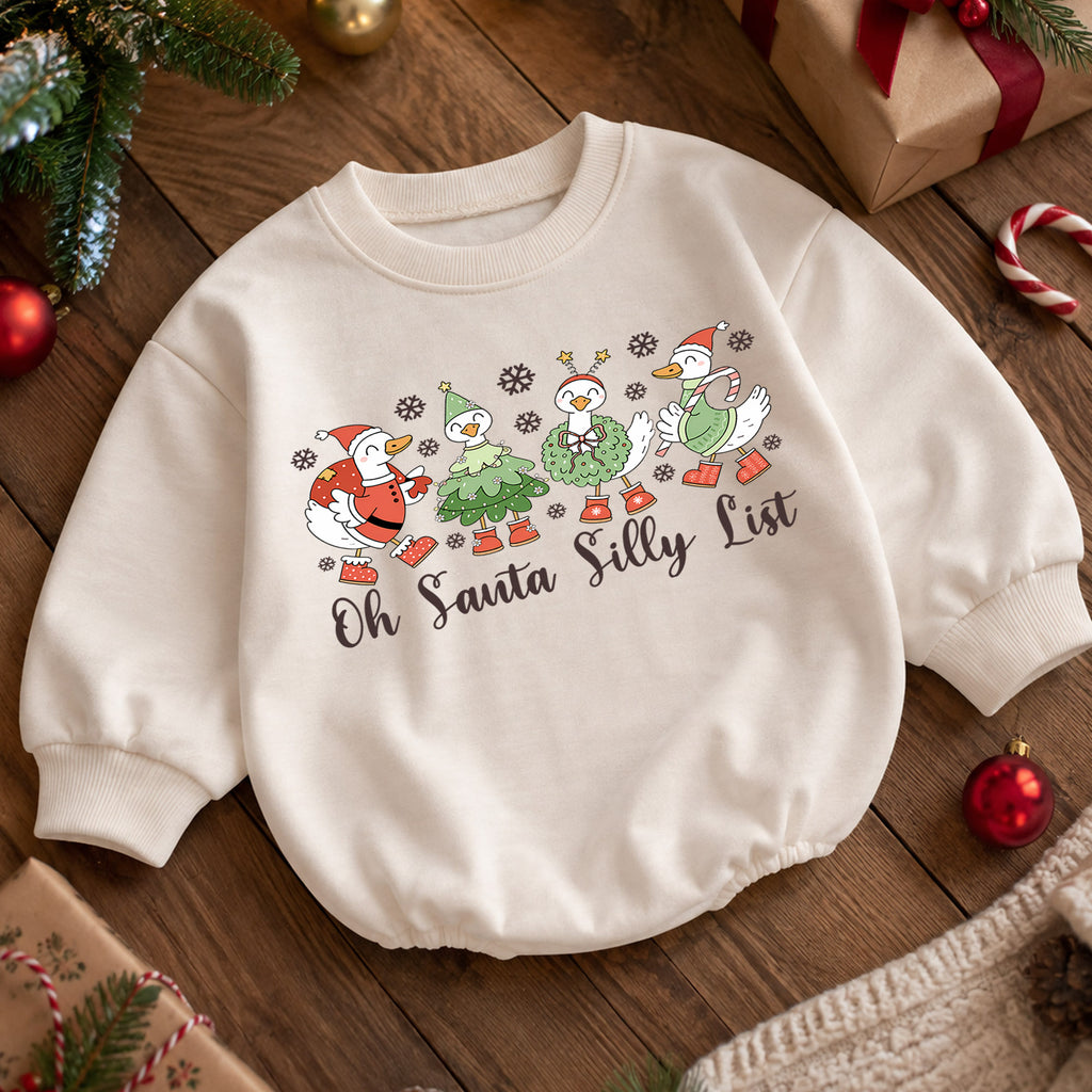 Silly Goose Christmas Baby Romper, Oh Santa Silly List Holiday Romper, Funny Goose Toddler 1st Birthday Xmas Outfit, Christmas Gift — product view 5