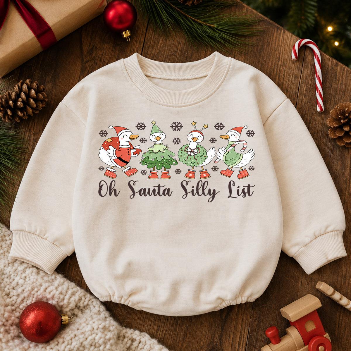 Silly Goose Christmas Baby Romper, Oh Santa Silly List Holiday Romper, Funny Goose Toddler 1st Birthday Xmas Outfit, Christmas Gift — product view 6