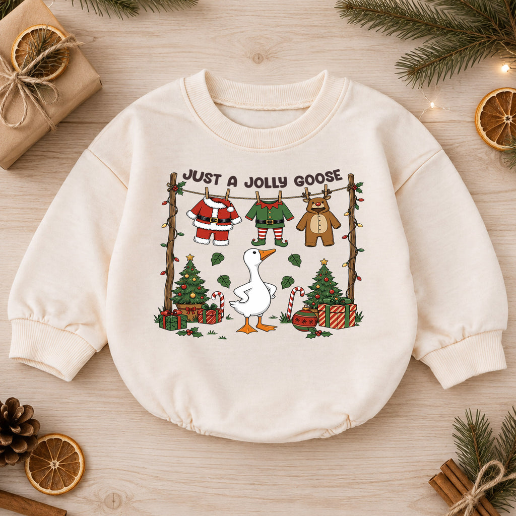 Christmas Goose Baby Romper, Funny Holiday Goose Outfit for Toddler, Just a Jolly Goose Romper, Cute Baby Christmas Gift — product view 1