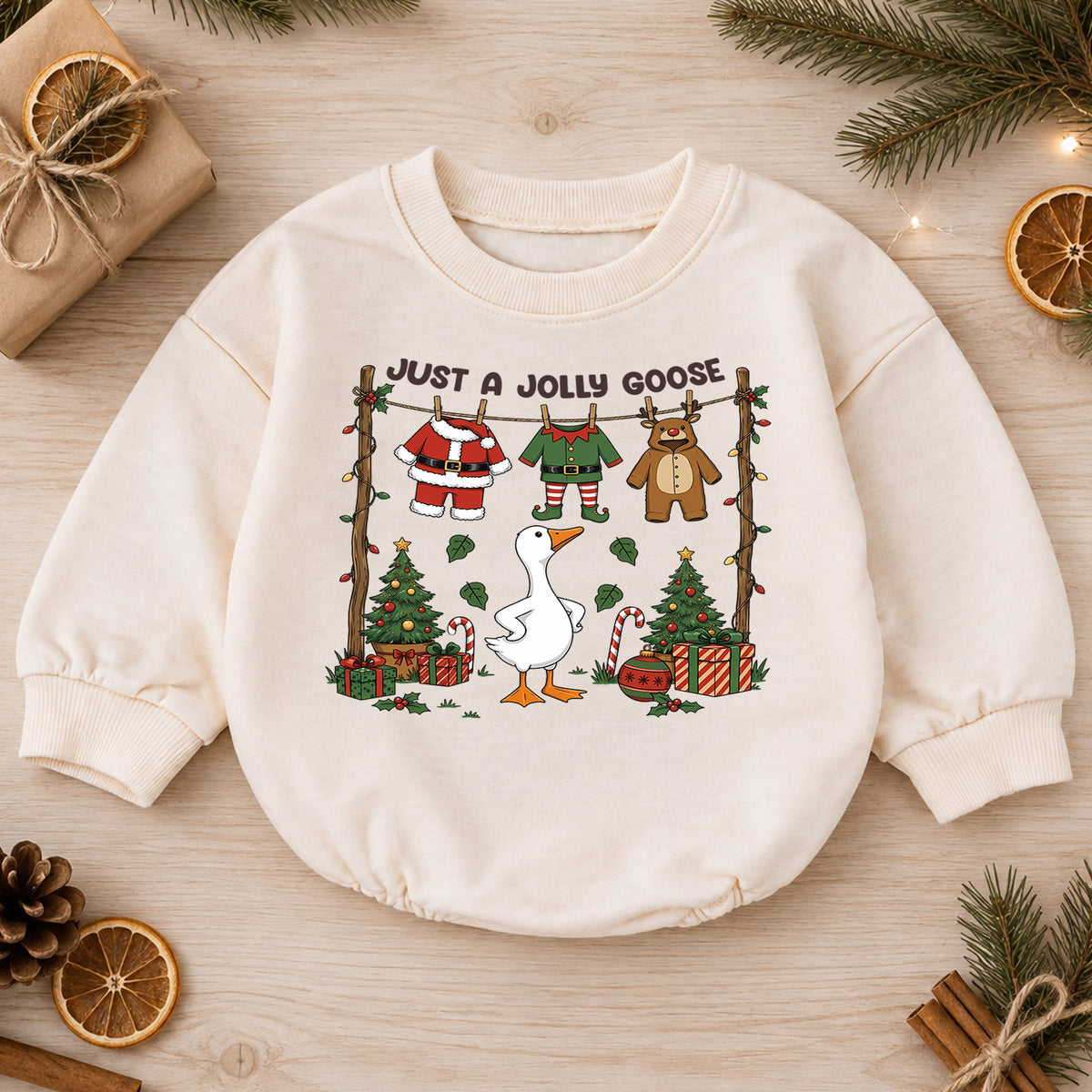 Christmas Goose Baby Romper, Funny Holiday Goose Outfit for Toddler, Just a Jolly Goose Romper, Cute Baby Christmas Gift — product view 1