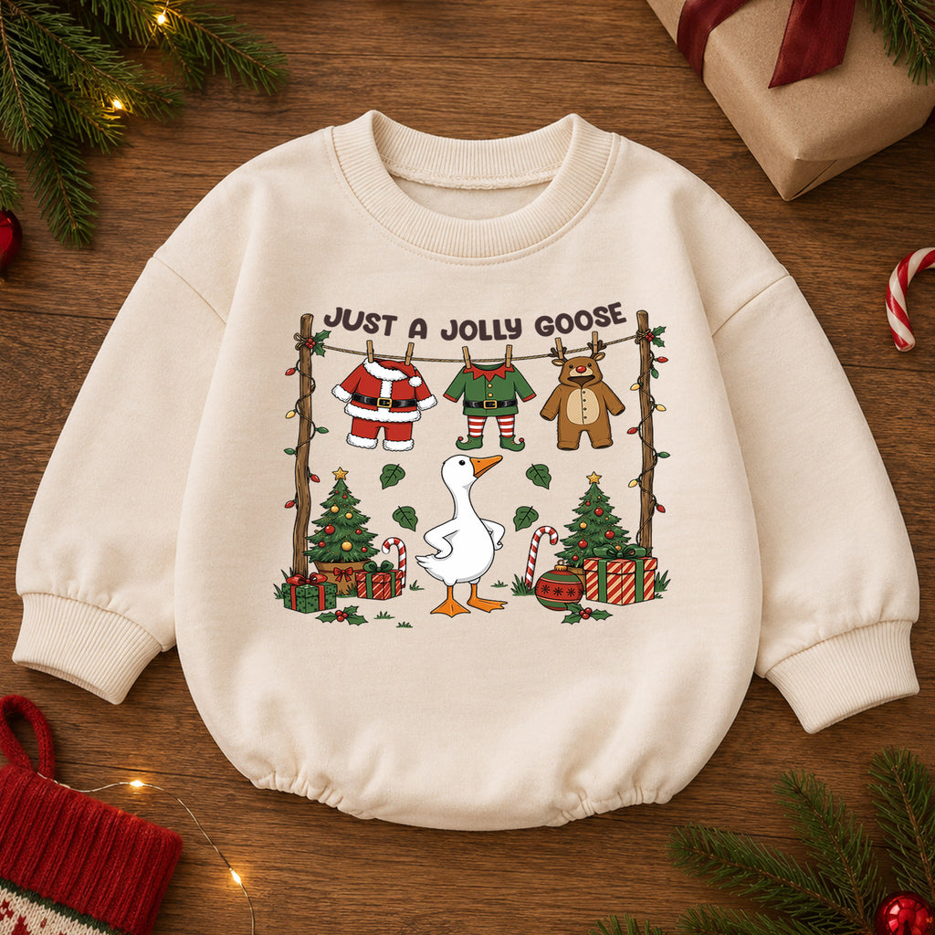 Christmas Goose Baby Romper, Funny Holiday Goose Outfit for Toddler, Just a Jolly Goose Romper, Cute Baby Christmas Gift — product view 2