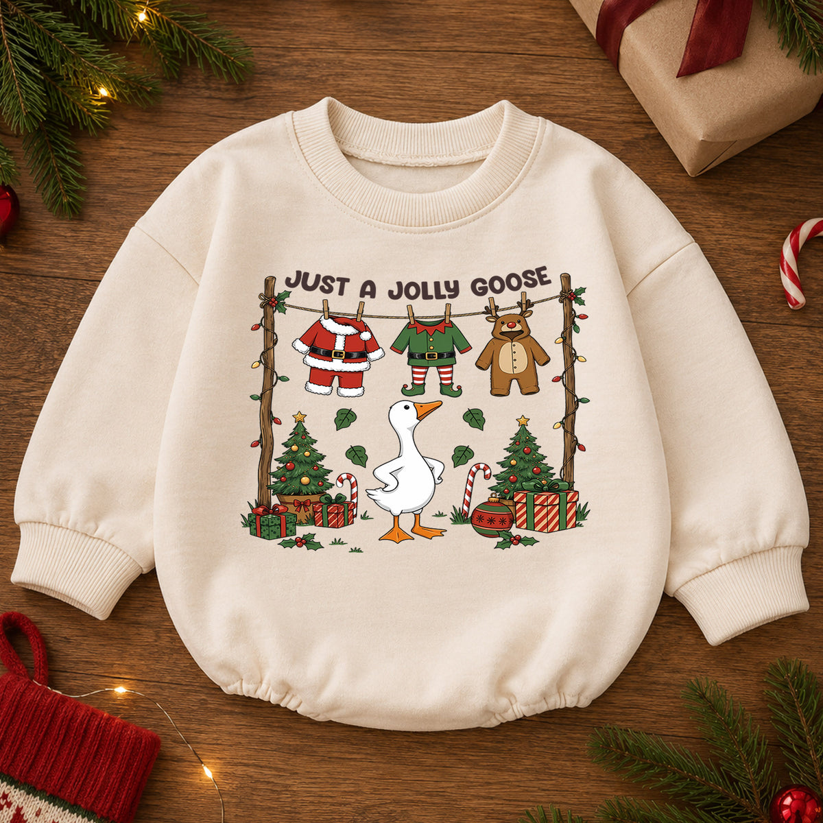 Christmas Goose Baby Romper, Funny Holiday Goose Outfit for Toddler, Just a Jolly Goose Romper, Cute Baby Christmas Gift — product view 2