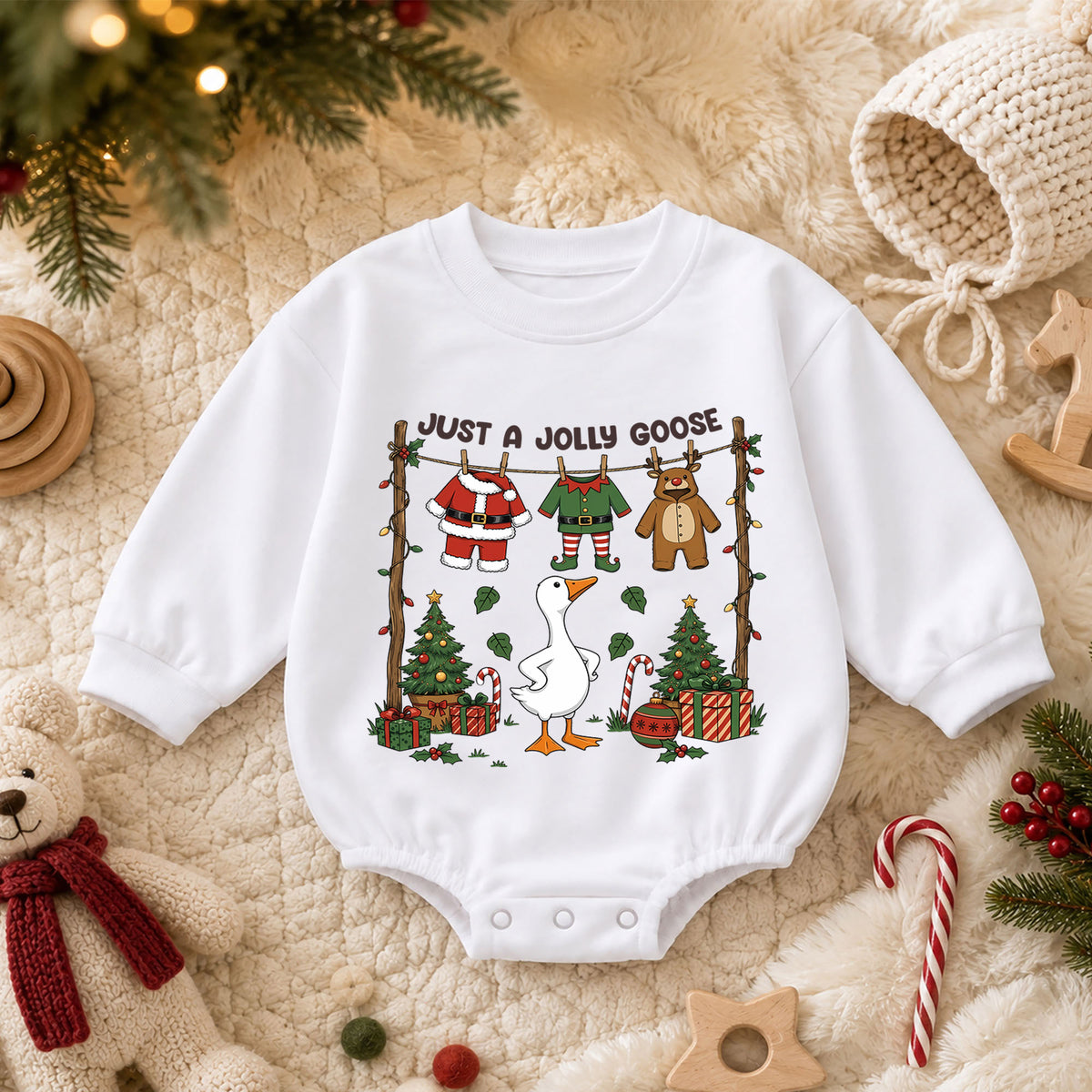 Christmas Goose Baby Romper, Funny Holiday Goose Outfit for Toddler, Just a Jolly Goose Romper, Cute Baby Christmas Gift — product view 3