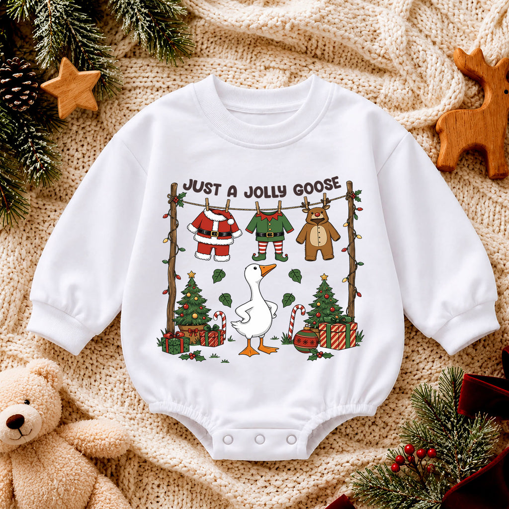Christmas Goose Baby Romper, Funny Holiday Goose Outfit for Toddler, Just a Jolly Goose Romper, Cute Baby Christmas Gift — product view 4