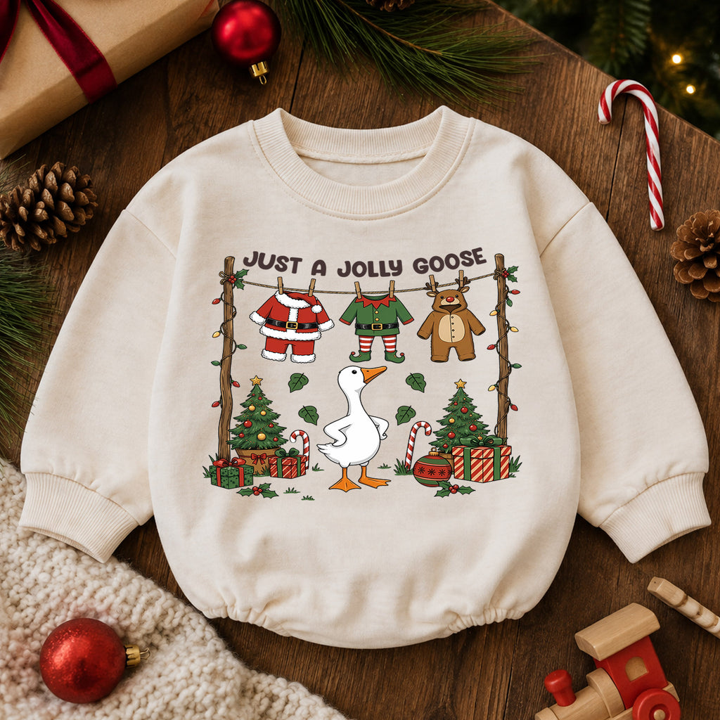 Christmas Goose Baby Romper, Funny Holiday Goose Outfit for Toddler, Just a Jolly Goose Romper, Cute Baby Christmas Gift — product view 6