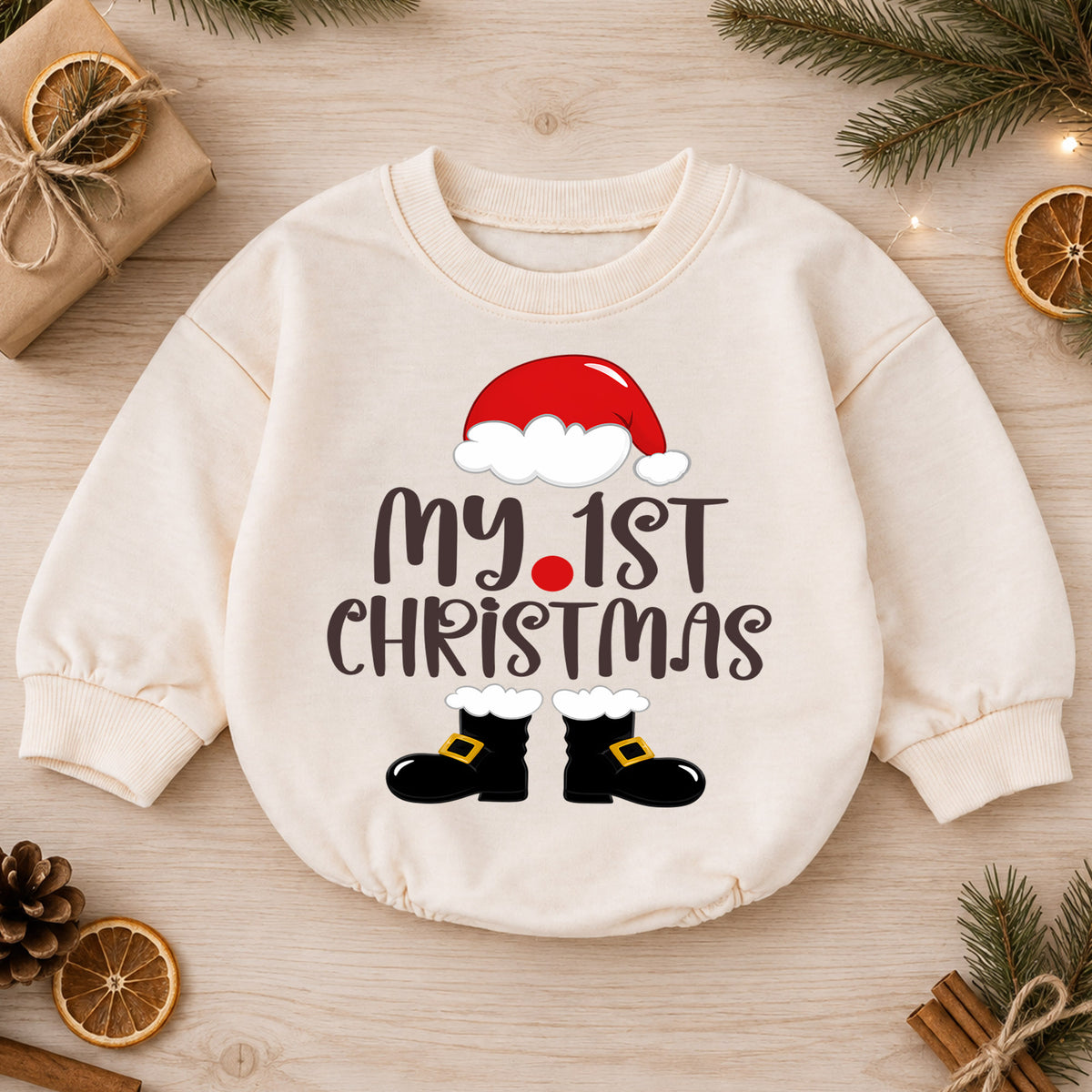 My 1st Christmas Baby Romper, Santa Hat First Christmas Outfit, Baby First Xmas & 1st Birthday Romper, Holiday Keepsake Gift — product view 1