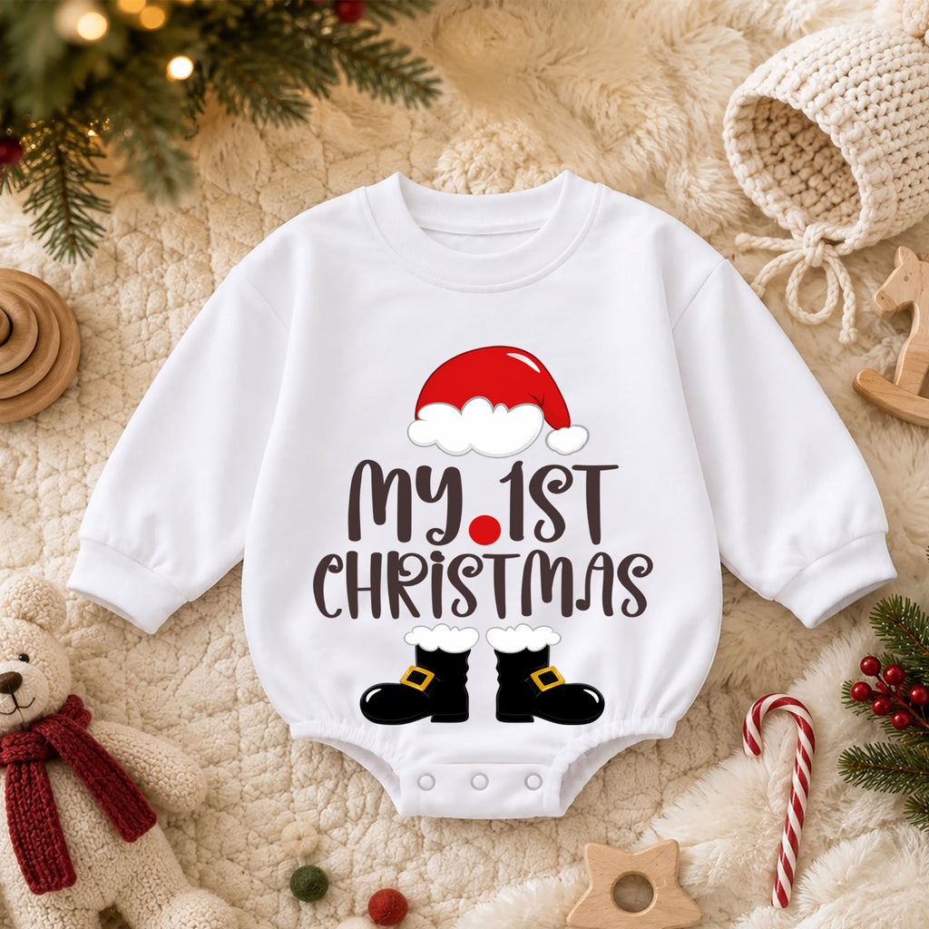 My 1st Christmas Baby Romper, Santa Hat First Christmas Outfit, Baby First Xmas & 1st Birthday Romper, Holiday Keepsake Gift — product view 3